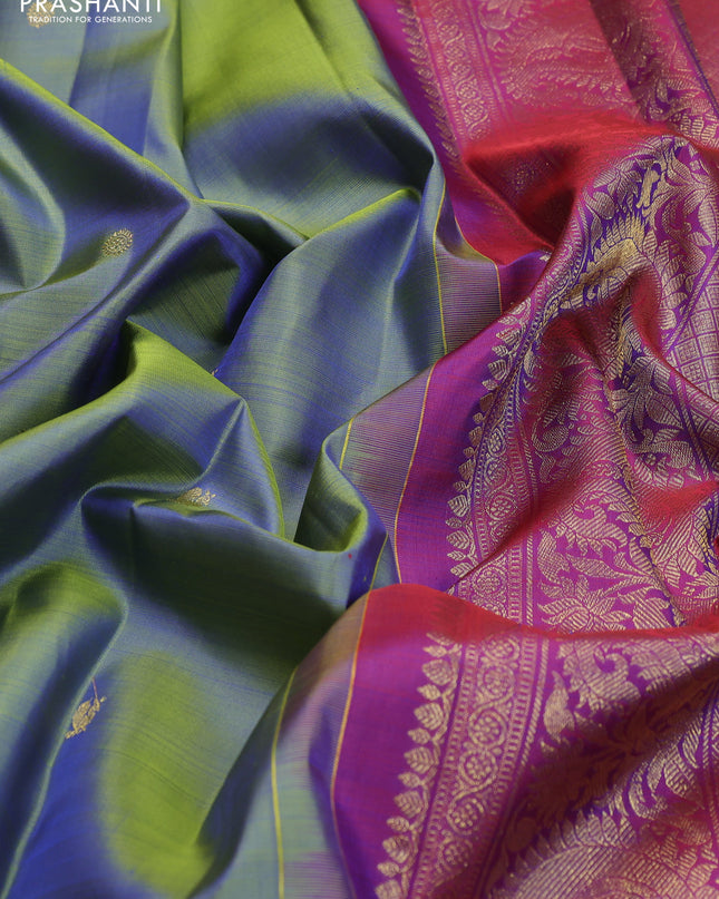 Pure kanchipuram silk saree dual shade of green and dual shade of maroon with zari woven buttas and annam zari woven border