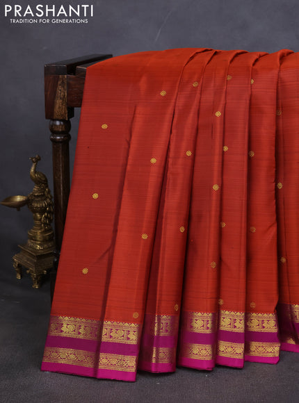 Pure kanchipuram silk saree rustic orange and purple with zari woven buttas and small zari woven border