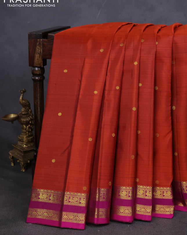 Pure kanchipuram silk saree rustic orange and purple with zari woven buttas and small zari woven border