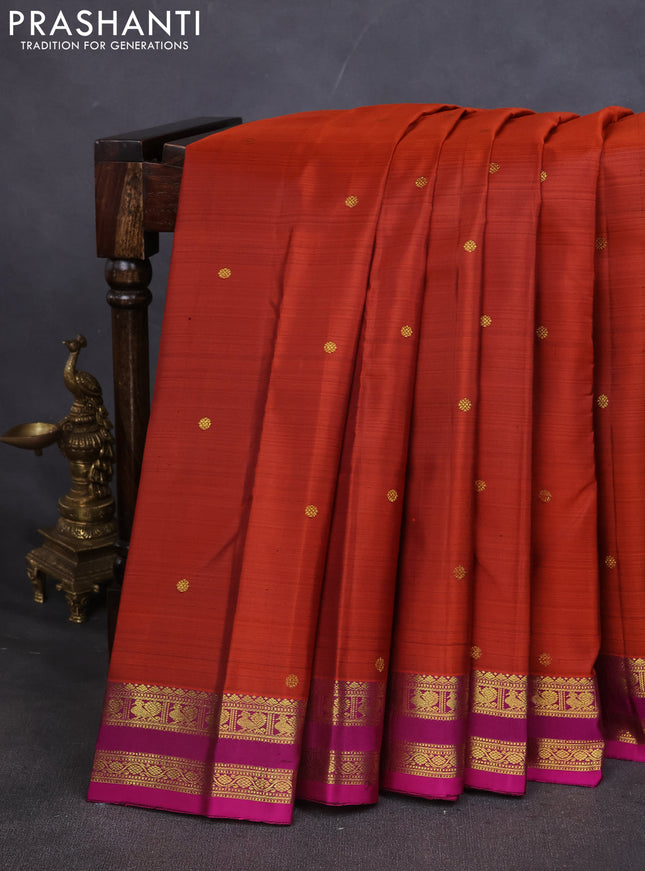 Pure kanchipuram silk saree rustic orange and purple with zari woven buttas and small zari woven border