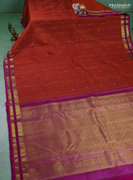 Pure kanchipuram silk saree rustic orange and purple with zari woven buttas and small zari woven border