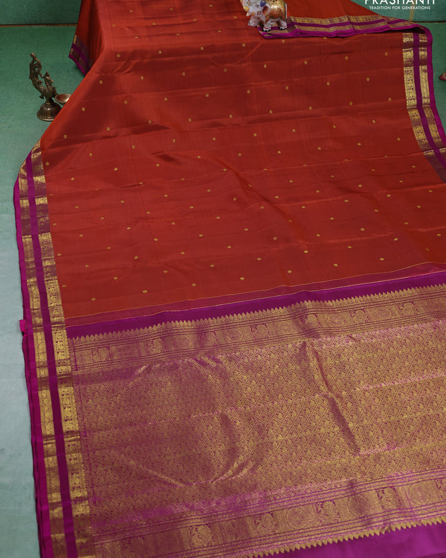 Pure kanchipuram silk saree rustic orange and purple with zari woven buttas and small zari woven border