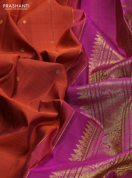 Pure kanchipuram silk saree rustic orange and purple with zari woven buttas and small zari woven border