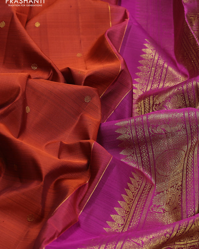 Pure kanchipuram silk saree rustic orange and purple with zari woven buttas and small zari woven border