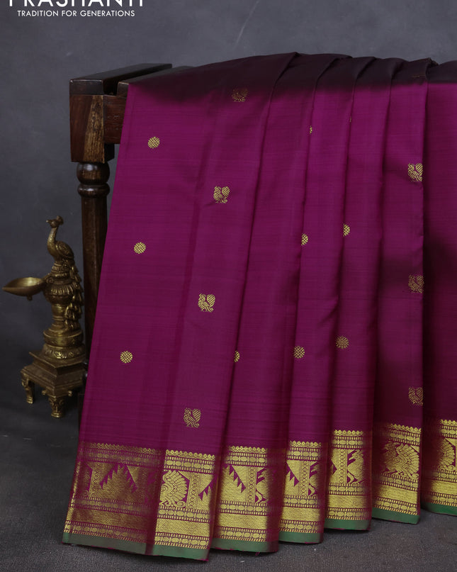 Pure kanchipuram silk saree purple and green with annam zari woven buttas and annam & temple zari woven border