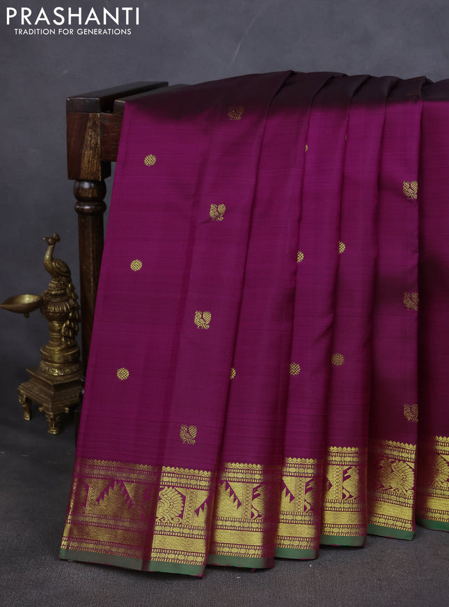 Pure kanchipuram silk saree purple and green with annam zari woven buttas and annam & temple zari woven border