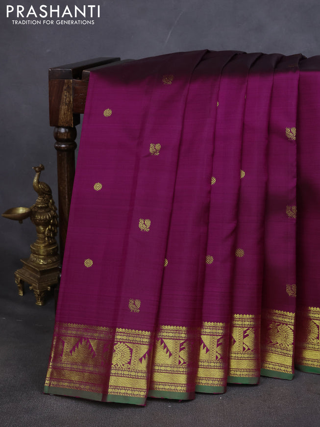 Pure kanchipuram silk saree purple and green with annam zari woven buttas and annam & temple zari woven border