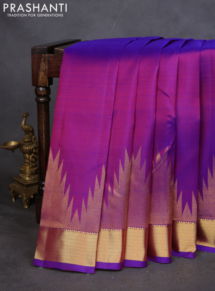 Pure kanchipuram silk saree purple with plain body and temple design zari woven border
