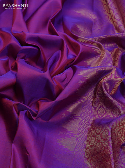 Pure kanchipuram silk saree purple with plain body and temple design zari woven border