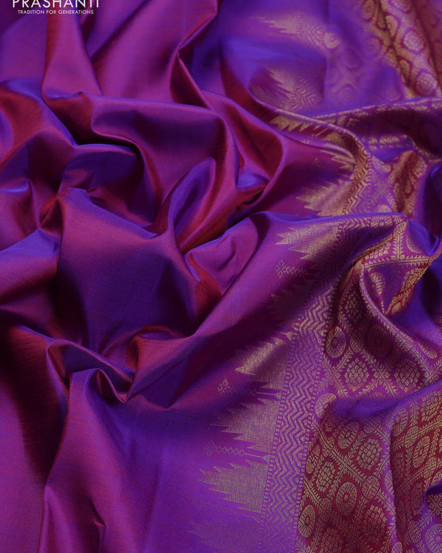 Pure kanchipuram silk saree purple with plain body and temple design zari woven border