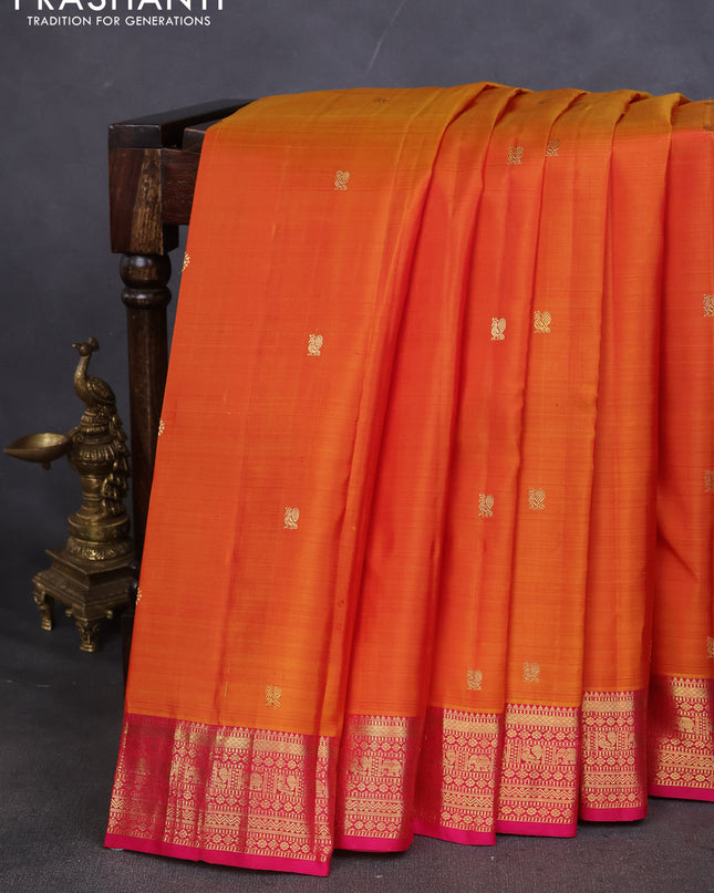 Pure kanchipuram silk saree sunset orange and pink with zari woven buttas and zari woven border