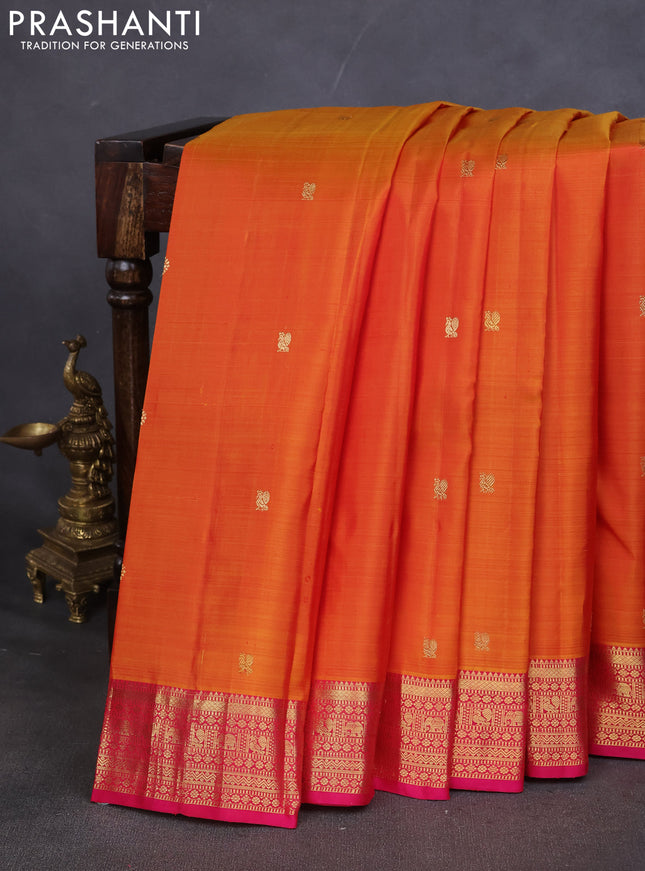 Pure kanchipuram silk saree sunset orange and pink with zari woven buttas and zari woven border