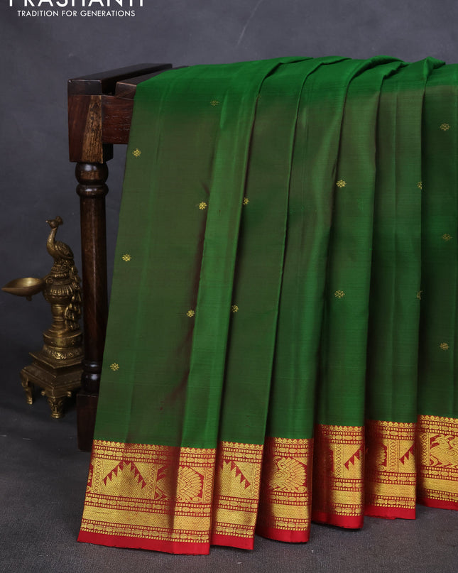 Pure kanchipuram silk saree green and maroon with zari woven buttas and annam & temple zari woven border