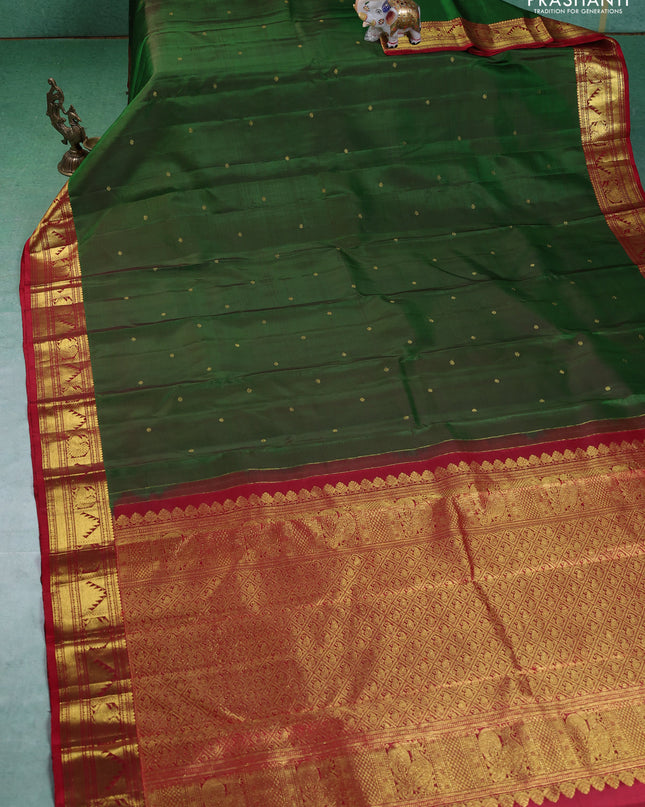 Pure kanchipuram silk saree green and maroon with zari woven buttas and annam & temple zari woven border