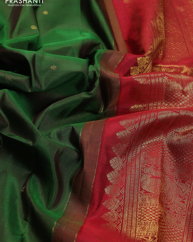 Pure kanchipuram silk saree green and maroon with zari woven buttas and annam & temple zari woven border