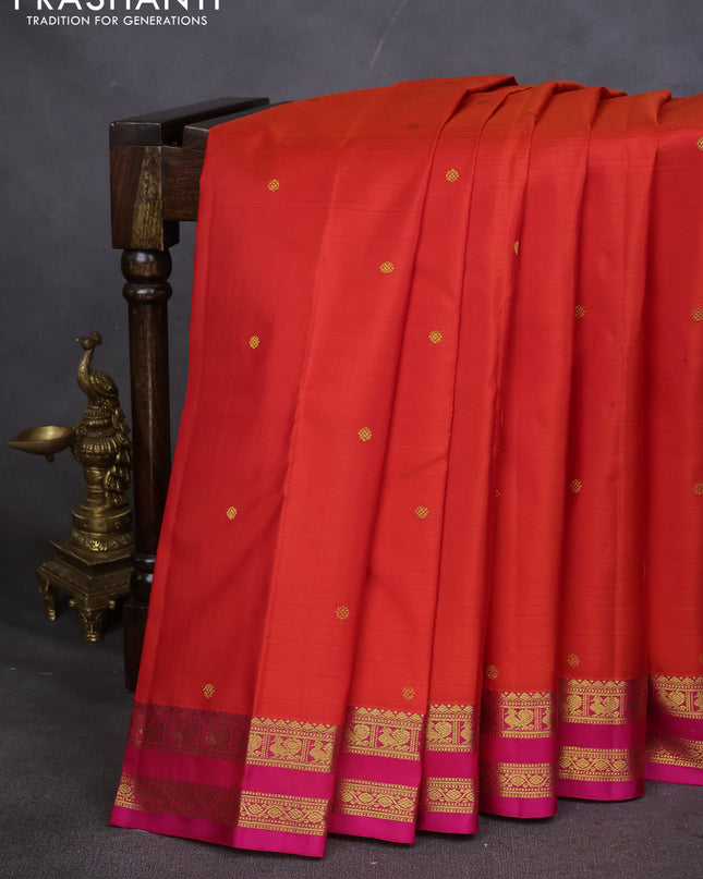 Pure kanchipuram silk saree orange and pink with zari woven buttas and rettapet zari woven border