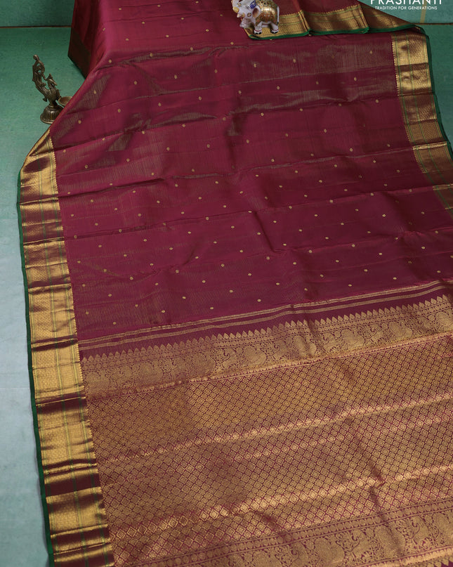 Pure kanchipuram silk saree maroon and green with allover vairaosi pattern & buttas and zari woven border