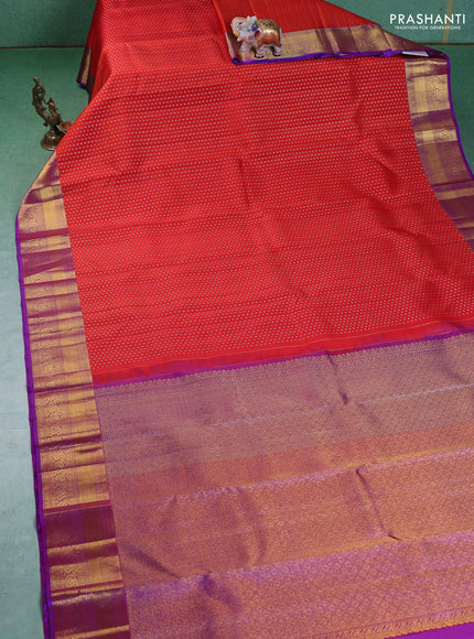 Pure kanchipuram silk saree orange and purple with allover silver & gold zari butta weaves and zari woven border