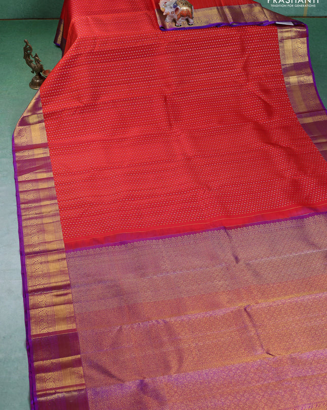 Pure kanchipuram silk saree orange and purple with allover silver & gold zari butta weaves and zari woven border