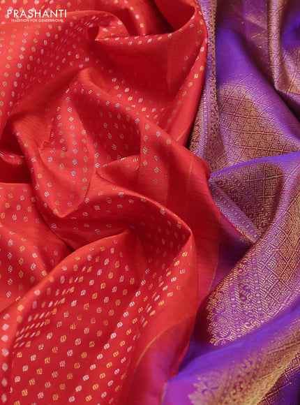 Pure kanchipuram silk saree orange and purple with allover silver & gold zari butta weaves and zari woven border