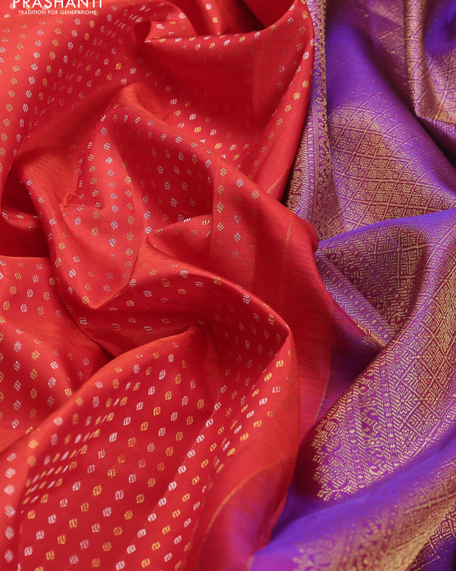 Pure kanchipuram silk saree orange and purple with allover silver & gold zari butta weaves and zari woven border