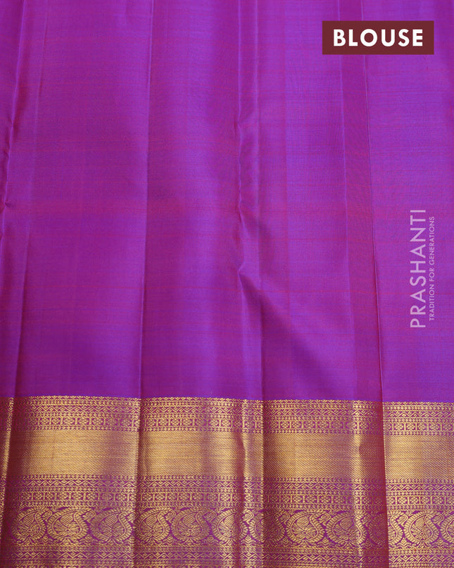 Pure kanchipuram silk saree orange and purple with allover silver & gold zari butta weaves and zari woven border
