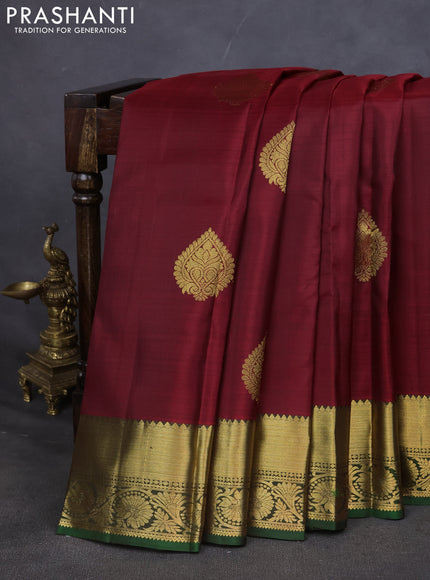 Pure kanchipuram silk saree maroon and green with zari woven buttas and zari woven border