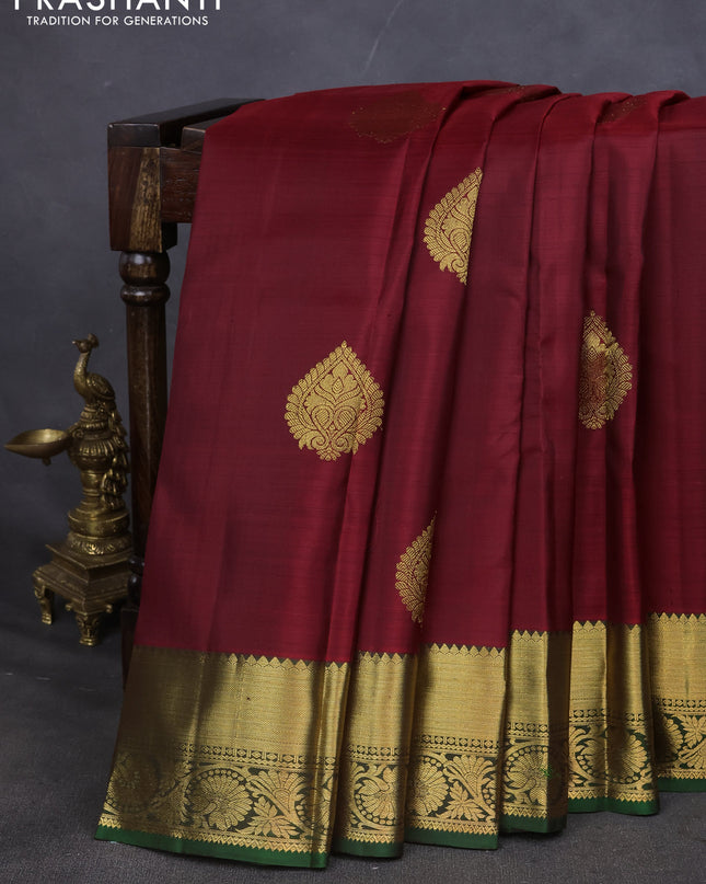 Pure kanchipuram silk saree maroon and green with zari woven buttas and zari woven border