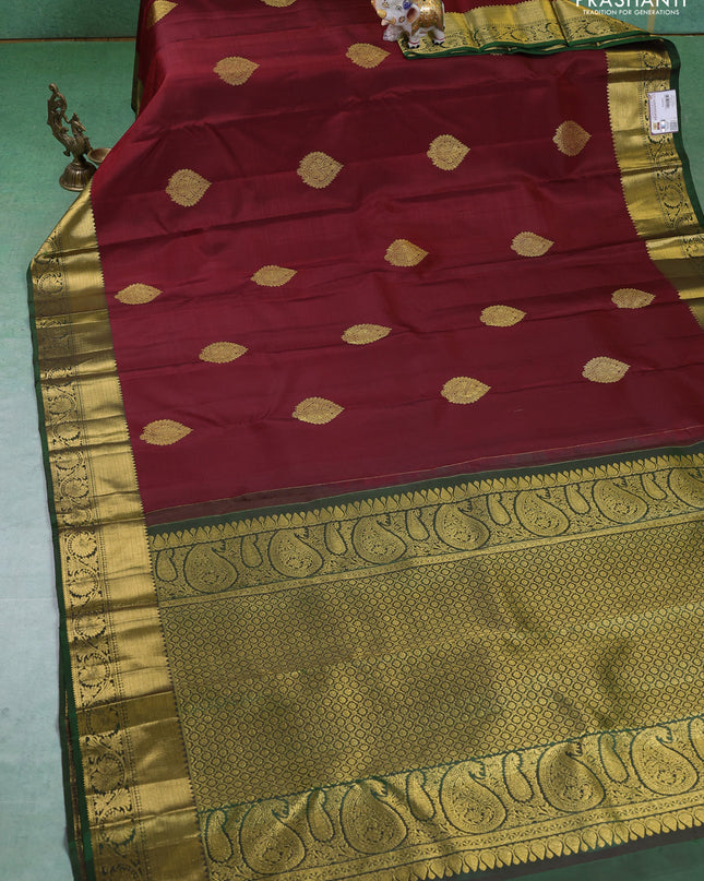 Pure kanchipuram silk saree maroon and green with zari woven buttas and zari woven border