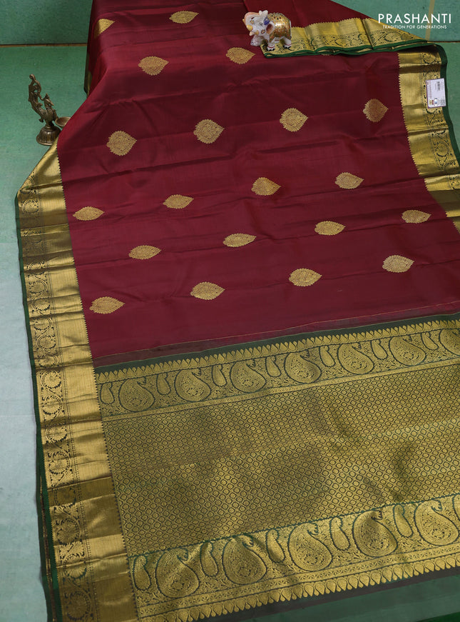 Pure kanchipuram silk saree maroon and green with zari woven buttas and zari woven border