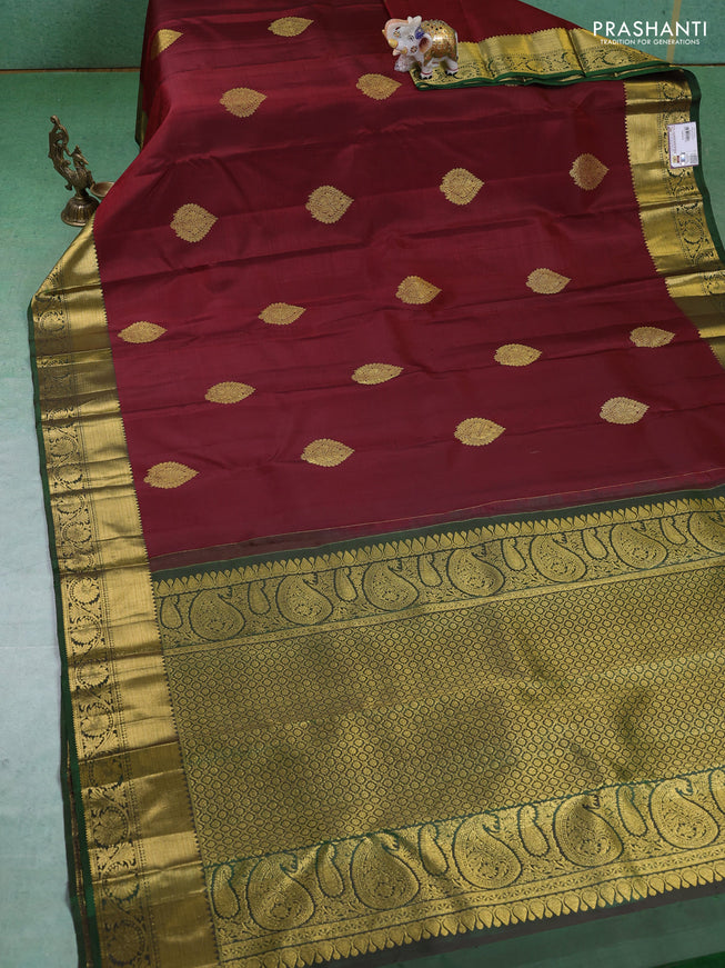 Pure kanchipuram silk saree maroon and green with zari woven buttas and zari woven border