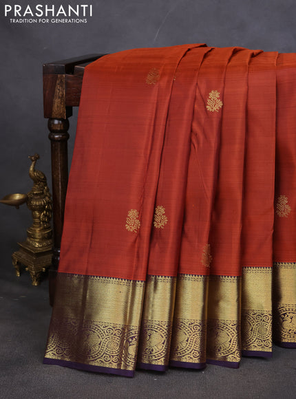 Pure kanchipuram silk saree rustic orange and violet with zari woven buttas and zari woven border