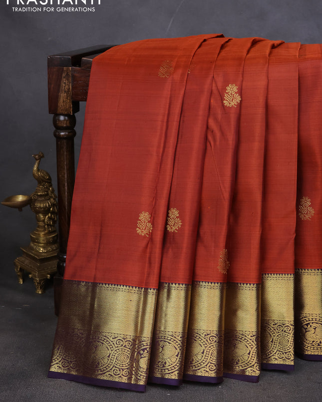 Pure kanchipuram silk saree rustic orange and violet with zari woven buttas and zari woven border