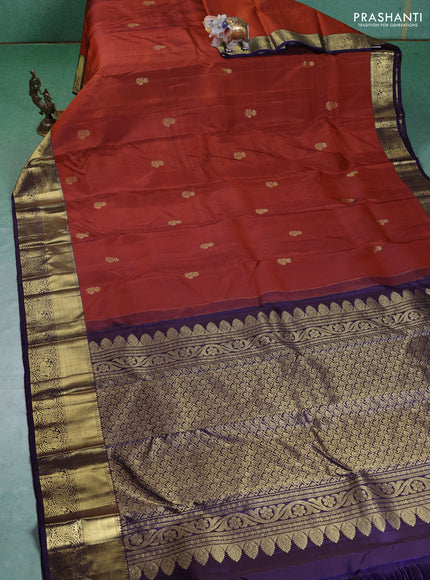 Pure kanchipuram silk saree rustic orange and violet with zari woven buttas and zari woven border