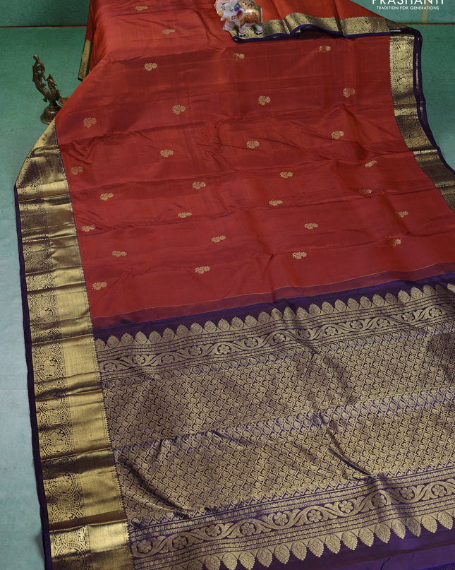 Pure kanchipuram silk saree rustic orange and violet with zari woven buttas and zari woven border