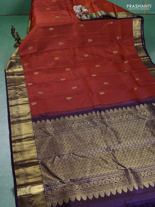 Pure kanchipuram silk saree rustic orange and violet with zari woven buttas and zari woven border