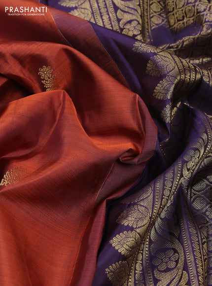 Pure kanchipuram silk saree rustic orange and violet with zari woven buttas and zari woven border
