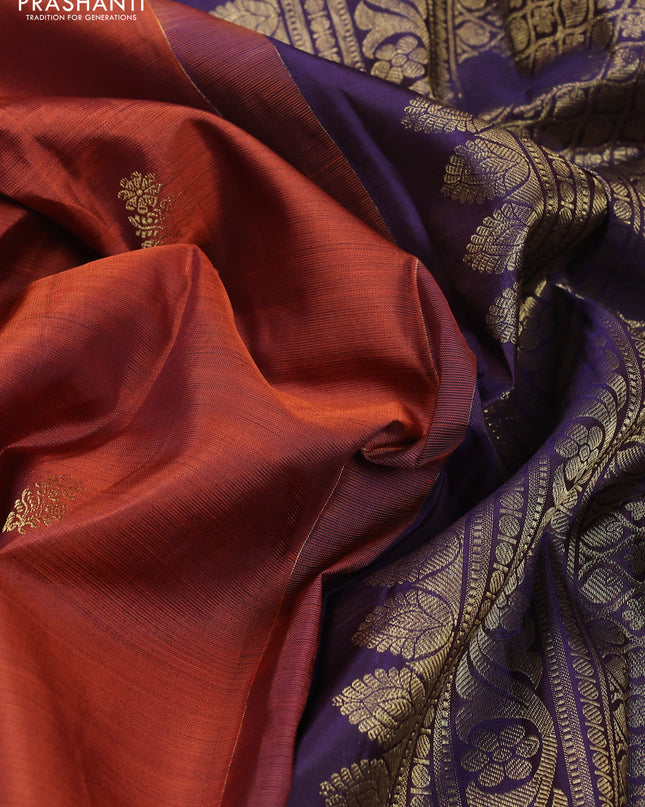 Pure kanchipuram silk saree rustic orange and violet with zari woven buttas and zari woven border