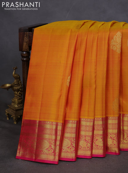 Pure kanchipuram silk saree mustard yellow and pink with allover zari weaves & buttas and zari woven border