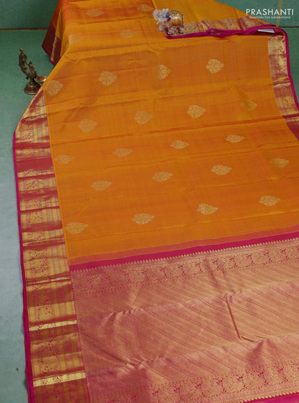 Pure kanchipuram silk saree mustard yellow and pink with allover zari weaves & buttas and zari woven border