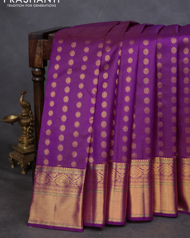 Pure kanchipuram silk saree purple with allover vairaosi pattern & buttas and zari woven border