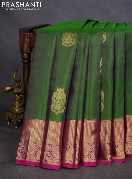 Pure kanchipuram silk saree green and purple with zari woven buttas and zari woven border