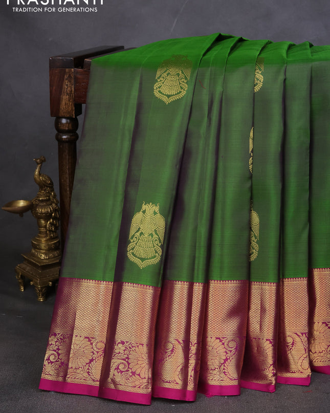 Pure kanchipuram silk saree green and purple with zari woven buttas and zari woven border