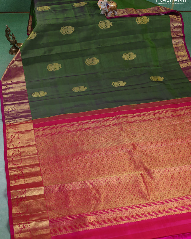 Pure kanchipuram silk saree green and purple with zari woven buttas and zari woven border
