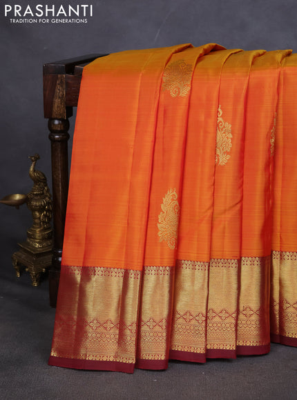 Pure kanchipuram silk saree mustard yellow and maroon with zari woven buttas and zari woven border