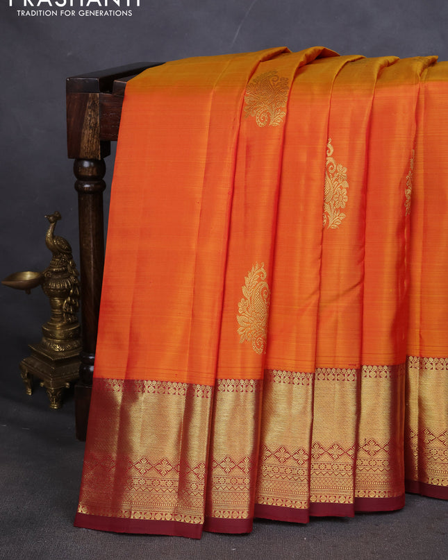 Pure kanchipuram silk saree mustard yellow and maroon with zari woven buttas and zari woven border