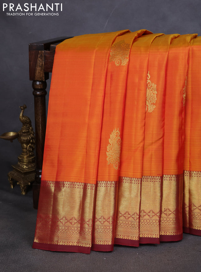 Pure kanchipuram silk saree mustard yellow and maroon with zari woven buttas and zari woven border