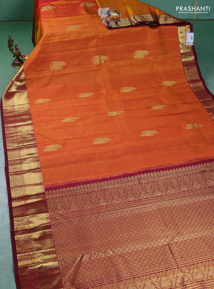 Pure kanchipuram silk saree mustard yellow and maroon with zari woven buttas and zari woven border
