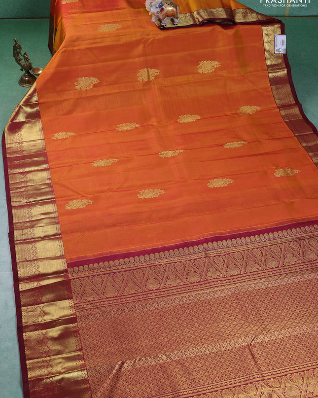 Pure kanchipuram silk saree mustard yellow and maroon with zari woven buttas and zari woven border