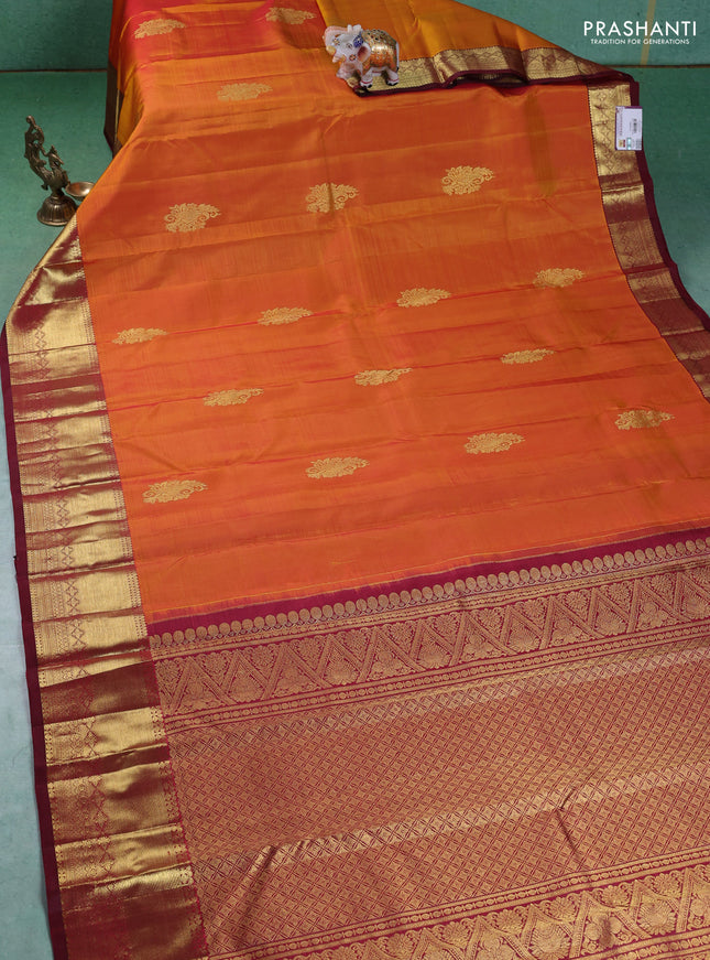 Pure kanchipuram silk saree mustard yellow and maroon with zari woven buttas and zari woven border